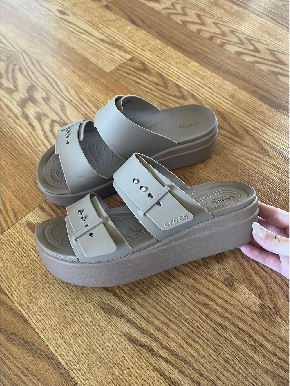 Crocs Brooklyn Buckle Low Wedge Sandals W7 — Khaki/Tan